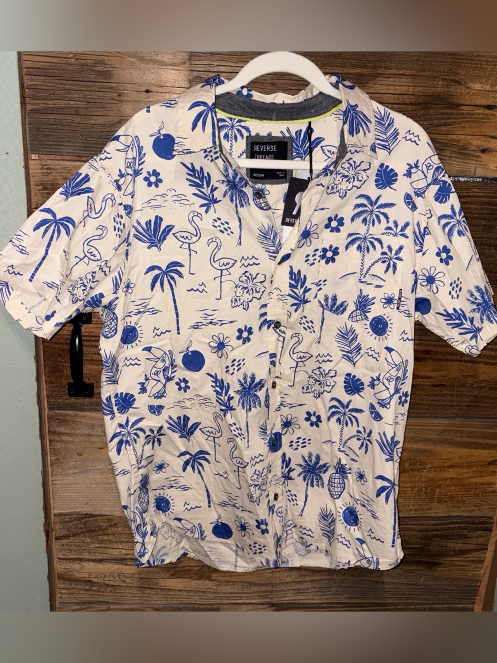 Reverse Threads Blue & White Tropical Print Short Sleeve Shirt